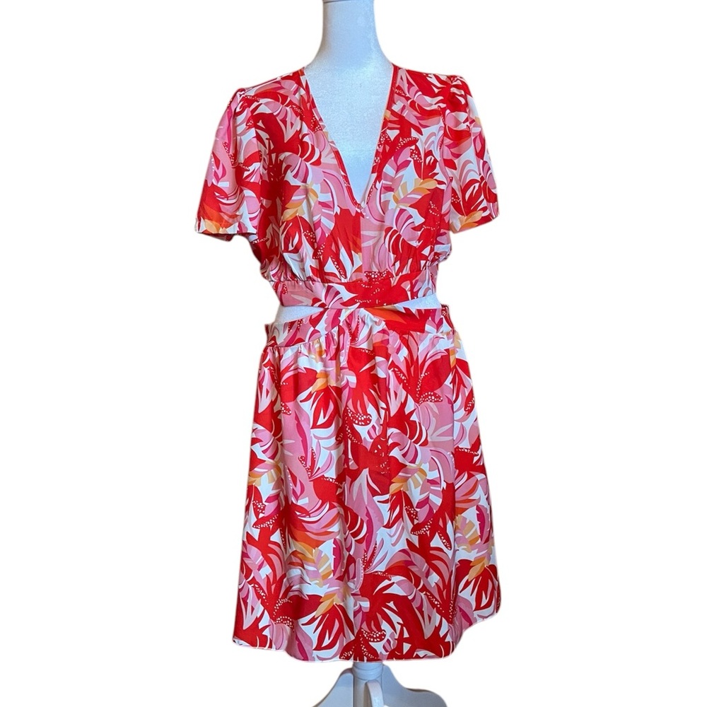 Red Tropical Floral V-neck Dress with Cut outs Size Large - Picture 6 of 9